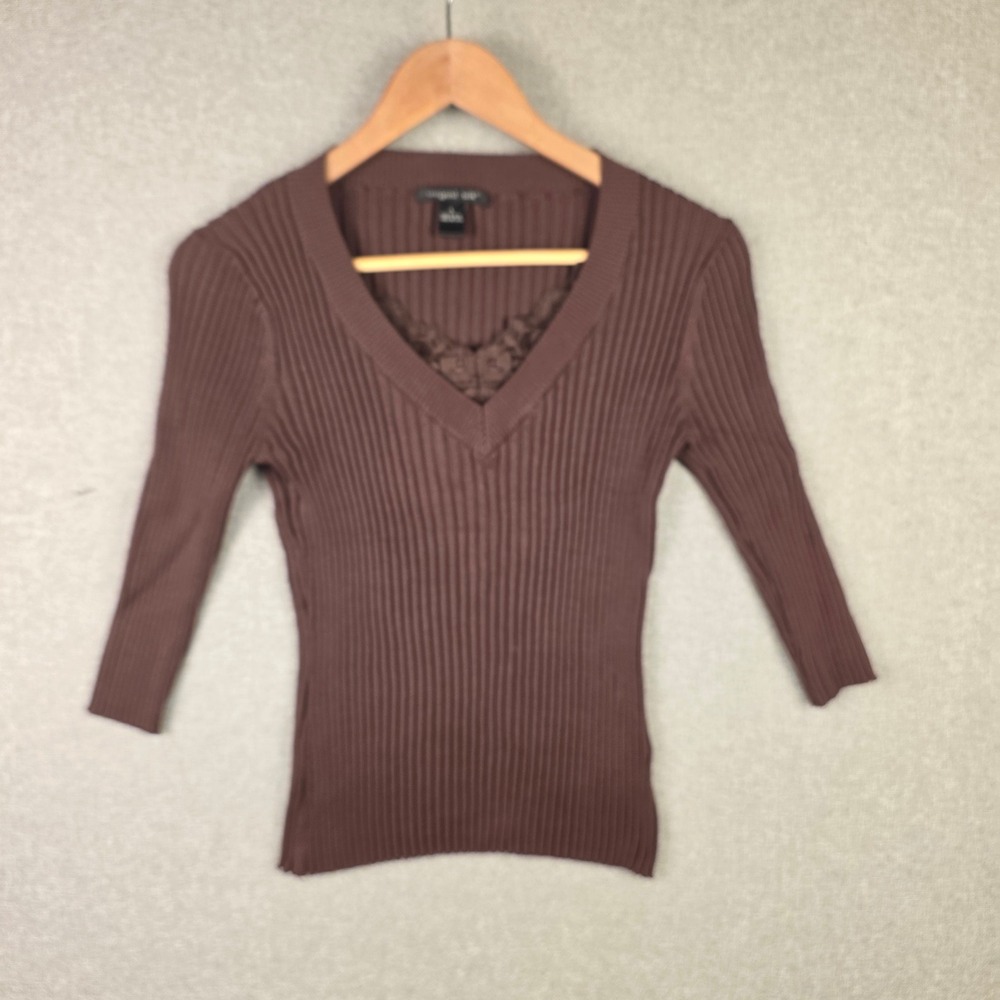 Romantic Silk Brown Ribbed V-Neck Lace Trim 3/4 Sleeve Silk Blend Sweater Large